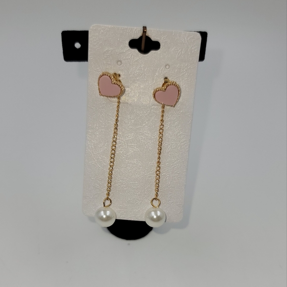Pink Hearts and pearl dangling earrings, gold hardware - Picture 2 of 6